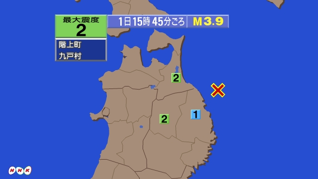 15時45分ごろ、Ｍ３．９　岩手県沖 北緯40.4度　東経142