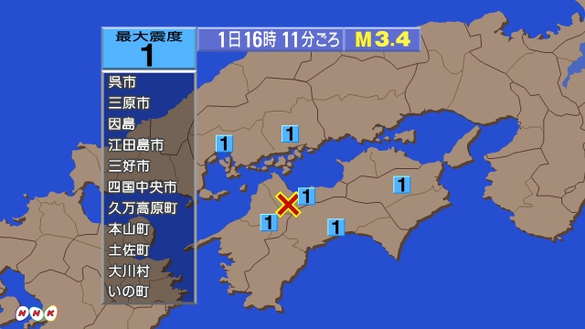 16時11分ごろ、Ｍ３．４　愛媛県東予 北緯33.8度　東経13