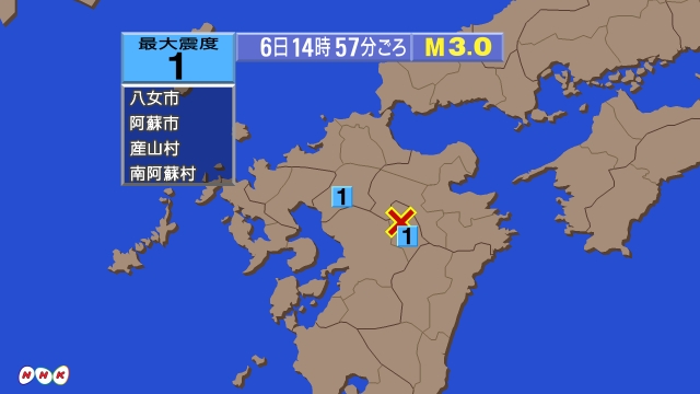 14時57分ごろ、Ｍ３．０　熊本県阿蘇地方 北緯33.0度　東経