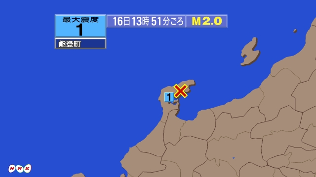 13時51分ごろ、Ｍ２．０　石川県能登途方 北緯37.3度　東経