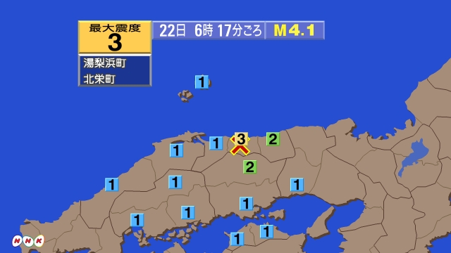 6時17分ごろ、Ｍ４．１　鳥取県中部 北緯35.4度　東経133