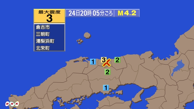 20時5分ごろ、Ｍ４．２　鳥取県中部 北緯35.4度　東経133