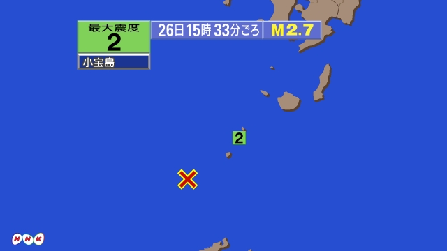 15時33分ごろ、Ｍ２．７　トカラ列島近海 北緯29.3度　東経