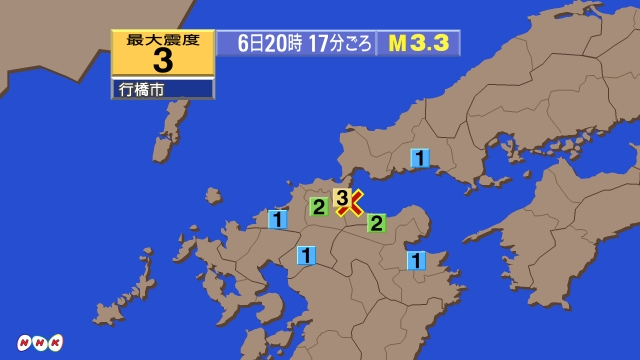 20時17分ごろ、Ｍ３．３　福岡県北九州地方 北緯33.7度　東