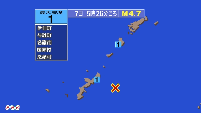 5時26分ごろ、Ｍ４．７　沖縄本島近海 北緯26.4度　東経12