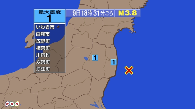 18時31分ごろ、Ｍ３．８　福島県（福島第一原発近郊）沖 北緯3