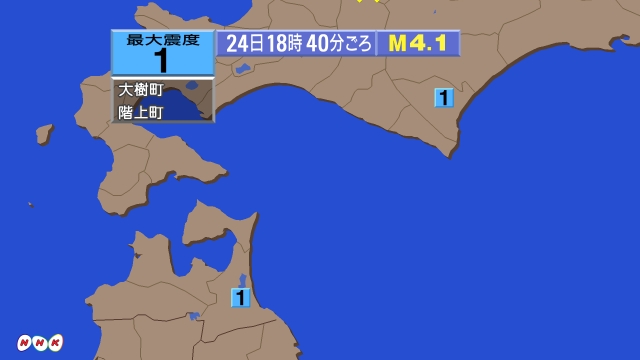 18時40分ごろ、Ｍ４．１　北海道上川地方南部 北緯43.5度　