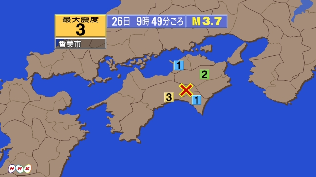 9時49分ごろ、Ｍ３．７　高知県中部 北緯33.7度　東経133