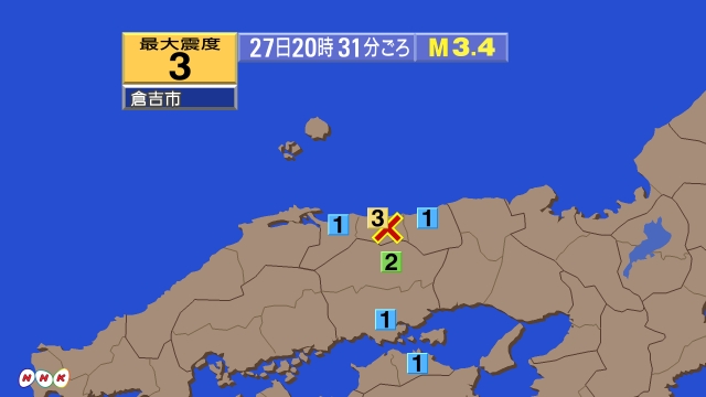 20時31分ごろ、Ｍ３．４　鳥取県中部 北緯35.4度　東経13