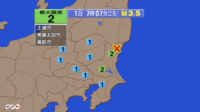 7時7分ごろ、Ｍ３．５　茨城県北部 北緯36.7度　東経140.