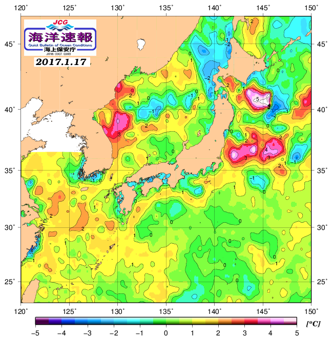 １月１７日の、海水表面温度（平年比）、 http://www1.