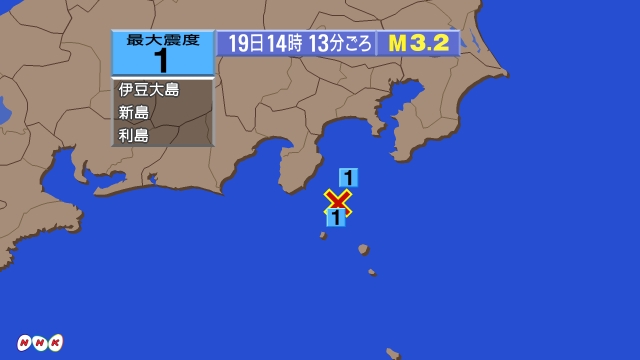 14時13分ごろ、Ｍ３．２　新島・神津島近海 北緯34.5度　東