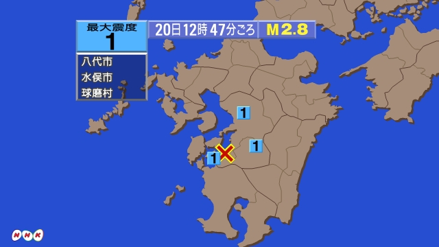 12時47分ごろ、Ｍ２．８　熊本県天草・葦北地方 北緯32.3度