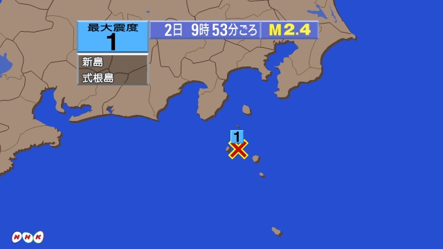 9時53分ごろ、Ｍ２．４　新島・神津島近海 北緯34.2度　東経