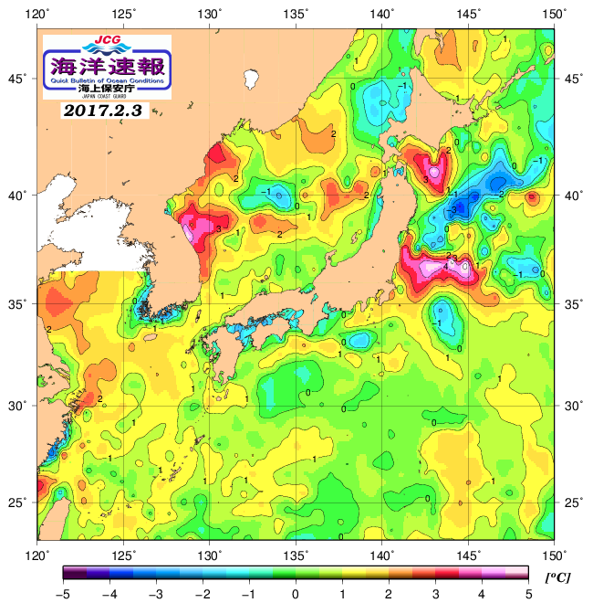 ２月３日の、海水表面温度（平年比）、 http://www1.k