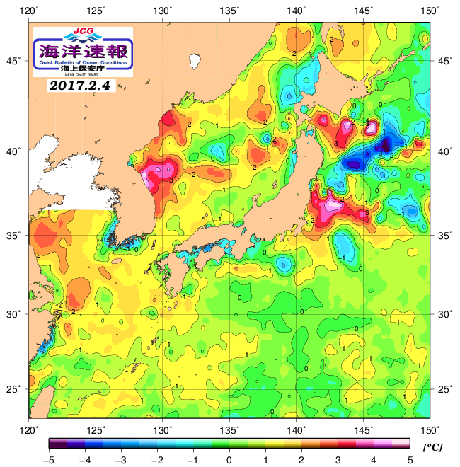 ２月４日の、海水表面温度（平年比）、 http://www1.k