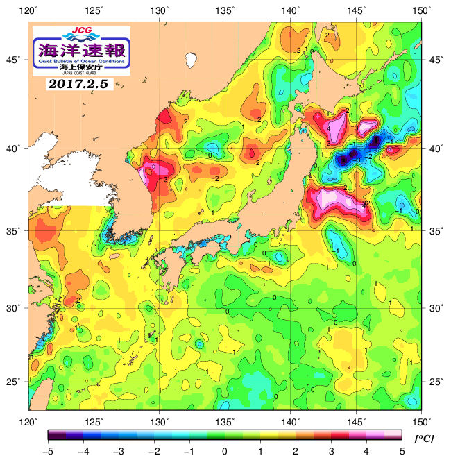 ２月５日の、海水表面温度（平年比）、 http://www1.k