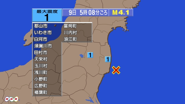 5時8分ごろ、Ｍ４．１　福島県（福島第一原発近郊）置き 北緯37