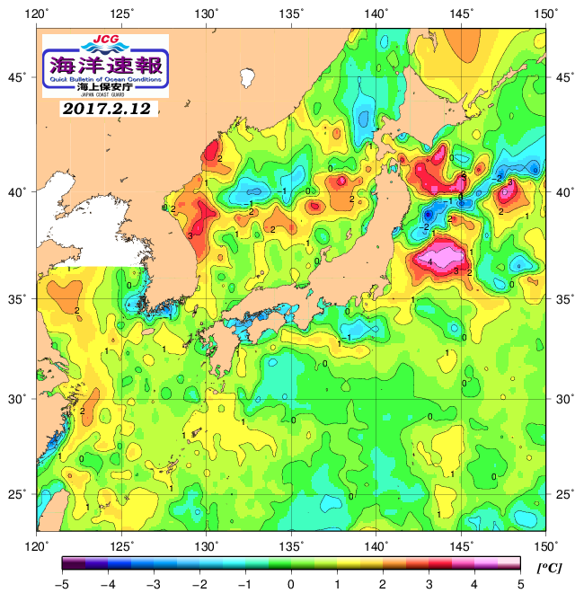 ２月１２日の、海水表面温度（平年比）、 http://www1.