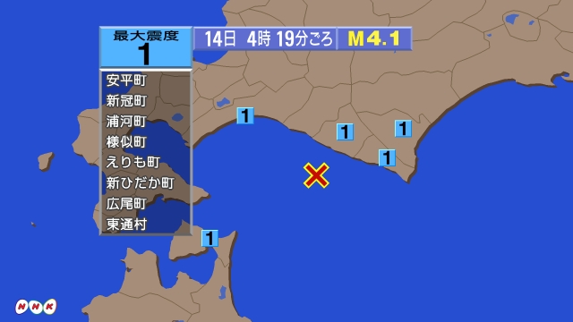 4時19分ごろ、Ｍ４．１　浦河沖 北緯42.0度　東経142.3
