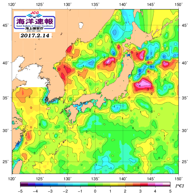 ２月１４日の、海水表面温度（平年比）、 http://www1.