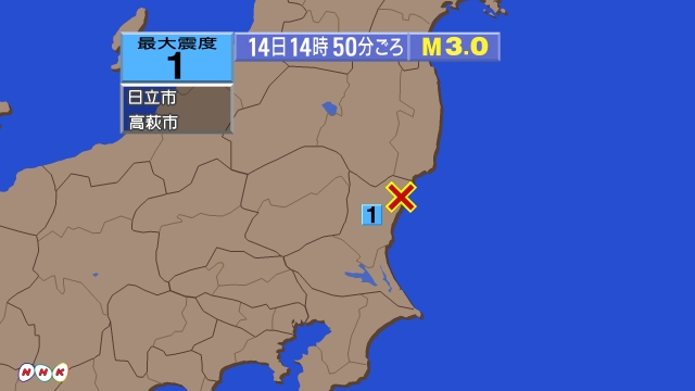 14時50分ごろ、Ｍ３．０　茨城県北部 北緯36.7度　東経14