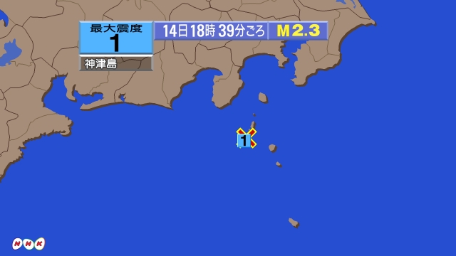 18時39分ごろ、Ｍ２．３　新島・神津島近海 北緯34.2度　東