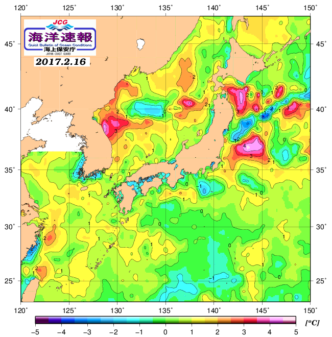 ２月１６日の、海水表面温度（平年比）、 http://www1.