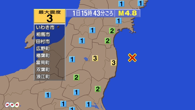 15時43分ごろ、Ｍ４．８　福島県沖 北緯37.5度　東経141
