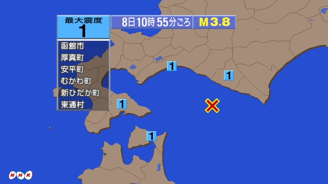 10時55分ごろ、Ｍ３．８　浦河沖 北緯41.9度　東経142.