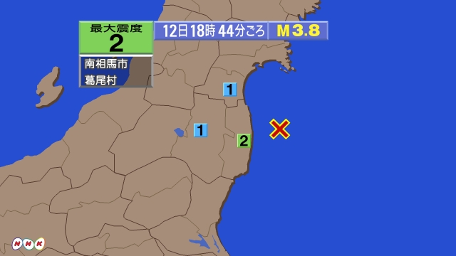 18時44分ごろ、Ｍ３．８　福島県沖 北緯37.5度　東経141
