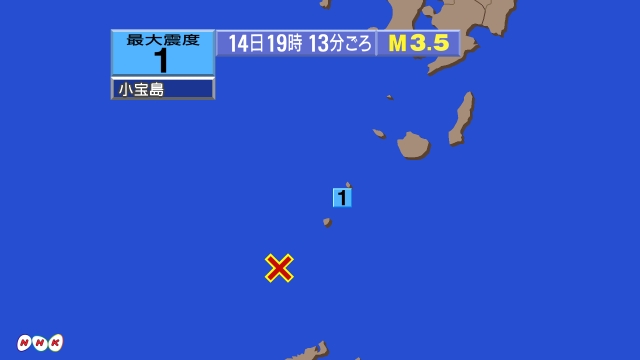 19時13分ごろ、Ｍ３．５　トカラ列島近海 北緯29.2度　東経