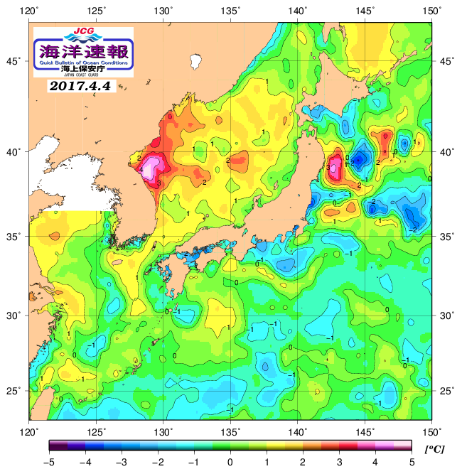 ４月４日の、海水表面温度（平年比）、 http://www1.k