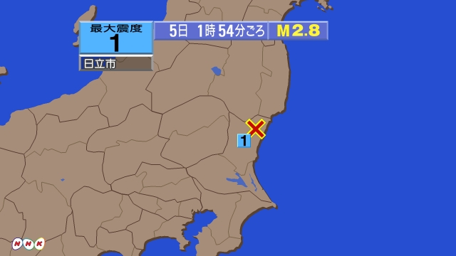 1時54分ごろ、Ｍ２．８　茨城県北部 北緯36.7度　東経140