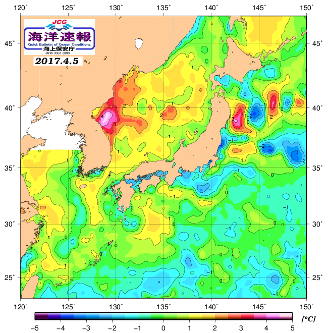 ４月５日の、海水表面温度（平年比）、 http://www1.k
