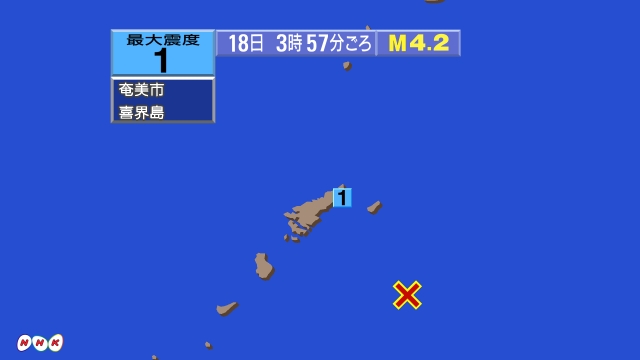 3時57分ごろ、Ｍ４．２　奄美大島近海 北緯27.5度　東経13