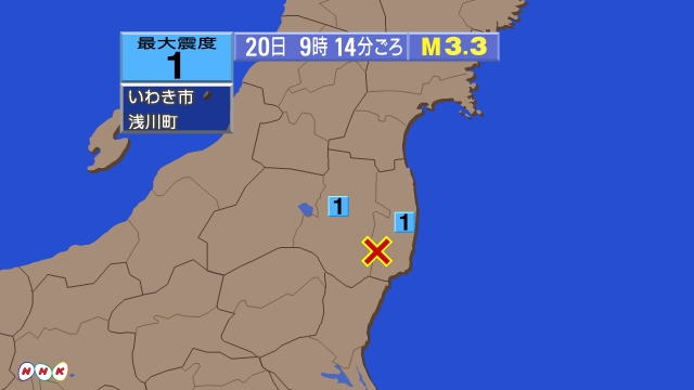 9時14分ごろ、Ｍ３．３　福島県浜通り 北緯37.1度　東経14