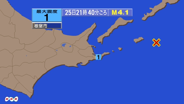 21時40分ごろ、Ｍ４．１　北海道東方沖 北緯43.7度　東経1