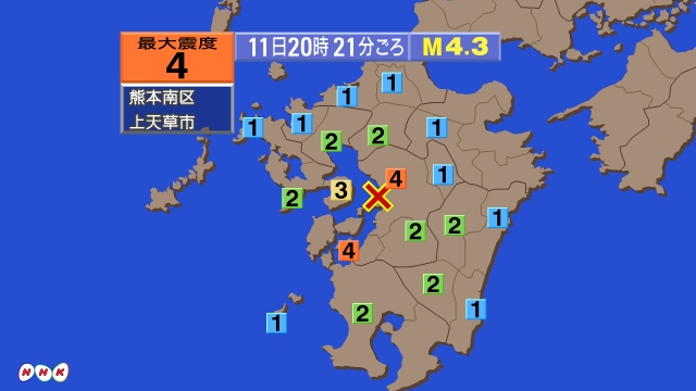 20時21分ごろ、Ｍ４．３　熊本県熊本地方 北緯32.7度　東経