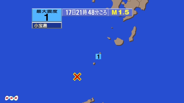 21時48分ごろ、Ｍ１．５　トカラ列島近海 北緯29.2度　東経