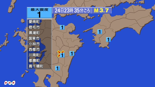 23時35分ごろ、Ｍ３．７　宮崎県北部山沿い 北緯32.5度　東