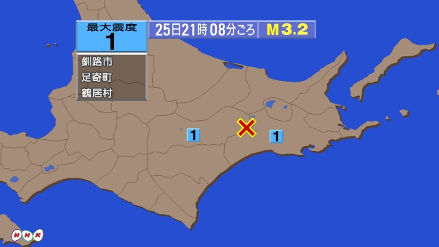 21時8分ごろ、Ｍ３．２　北海道釧路地方中南部 北緯43.3度　