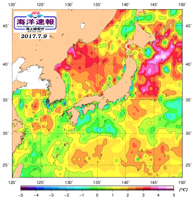 ７月９日の、海水表面温度（平年比）、 http://www1.k