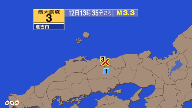 13時35分ごろ、Ｍ３．３　鳥取県中部 北緯35.4度　東経13