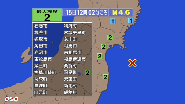 12時2分ごろ、Ｍ４．６　福島県沖 北緯37・8度　東経141.