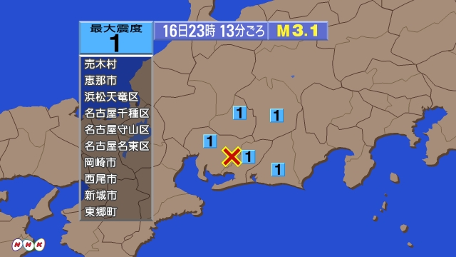 23時13分ごろ、Ｍ３．１　愛知県西部 北緯35.0度　東経13