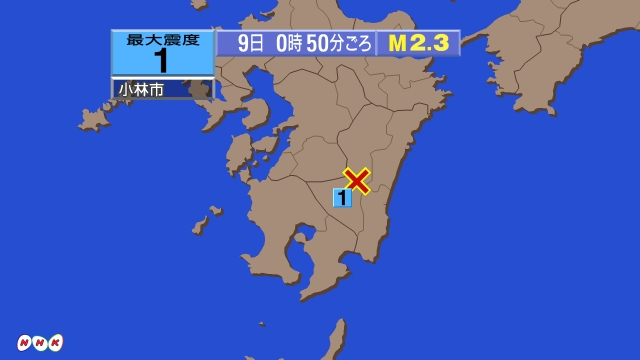 0時50分ごろ、Ｍ２．３　宮崎県南部平野部 北緯32.1度　東経