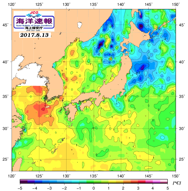 ８月１３日の、海水表面温度（平年比）、 http://www1.