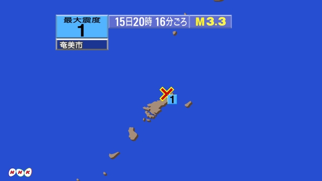 20時16分ごろ、Ｍ３．３　奄美大島近海 北緯28.5度　東経1