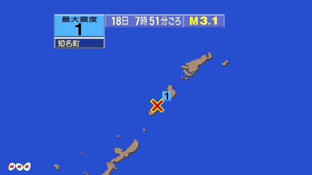 7時51分ごろ、Ｍ３．１　沖縄本島近海 北緯27.5度　東経12
